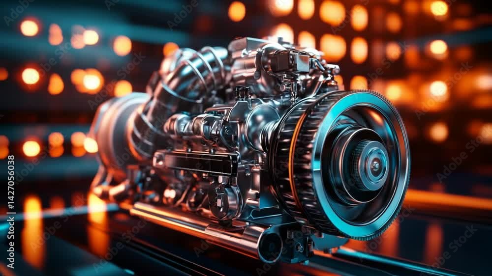 Detailed cinematic view of a car engine, chrome finish with depth of field effect Detailed cinematic view of a car engine, chrome finish with depth of field effect