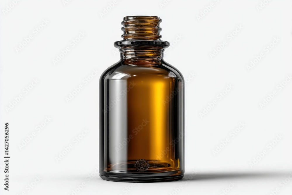 A sophisticated amber glass bottle, ideal for storing essential oils or medicines, beautifully highlighted against a pristine white background, showcasing its sleek design. A sophisticated amber glass bottle, ideal for storing essential oils or medicines, beautifully highlighted against a pristine white background, showcasing its sleek design.