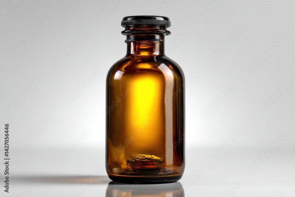 An amber glass bottle stands gracefully against a clean backdrop, the light gently illuminating the vintage design, showcasing its classic charm and subtle details. An amber glass bottle stands gracefully against a clean backdrop, the light gently illuminating the vintage design, showcasing its classic charm and subtle details.