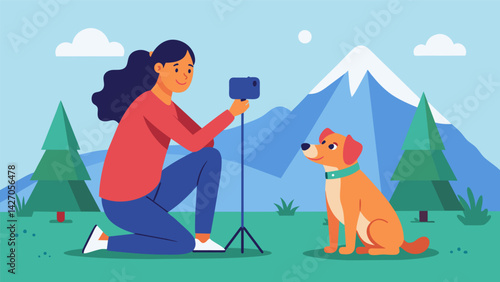 A camp counselor showing off a new trick to their loyal dog through a pet camera on their smarch.. Vector illustration