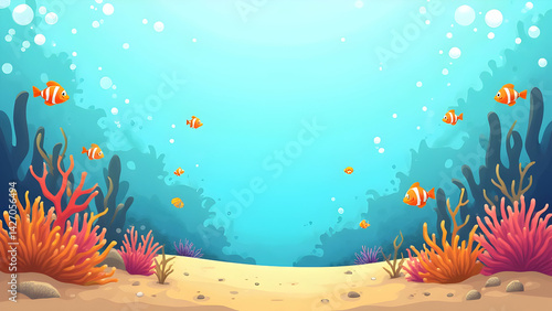 Wallpaper Mural A colorful underwater scene with clownfish swimming amongst vibrant coral and seaweed on a sandy seabed with bubbles rising towards the surface. Torontodigital.ca