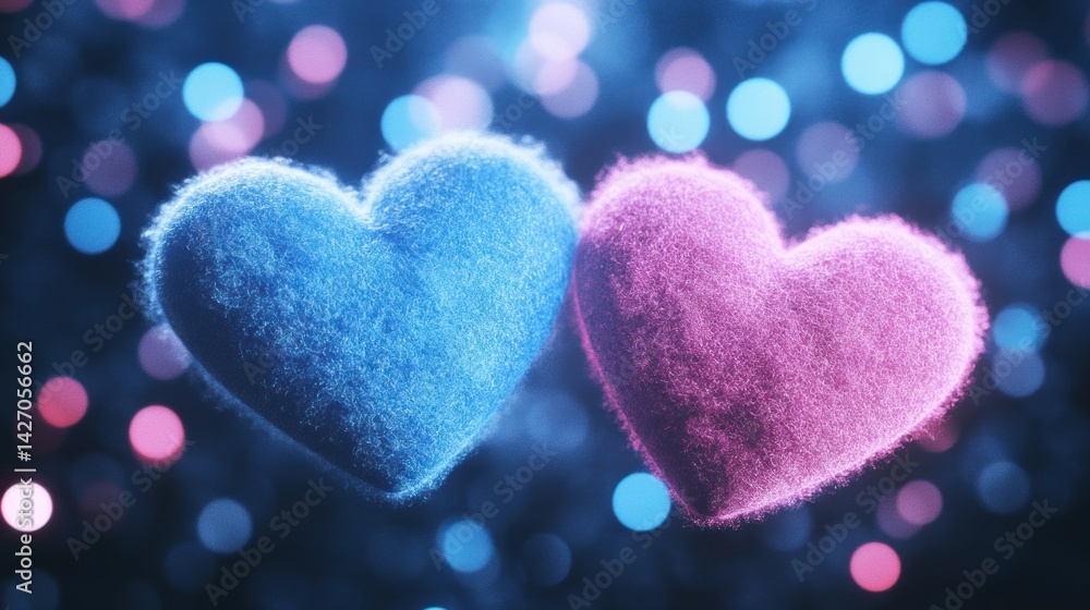 Obraz premium Two fluffy hearts, one light blue, one light pink, hovering against a dark background with glowing bokeh