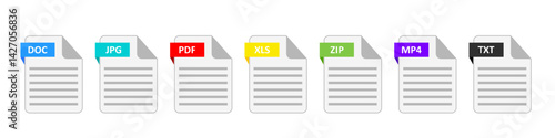 Set of icons of different types and files. DOC, JPG, PDF, XLS, ZIP, MP4 and TXT formats.
Vector illustration.