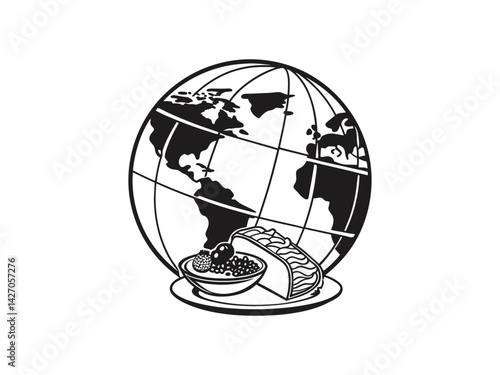 Global Food, A World of Culinary Delights, International food day, A stylized illustration of a globe with a plate of various foods, suggesting global cuisine and international food experiences.