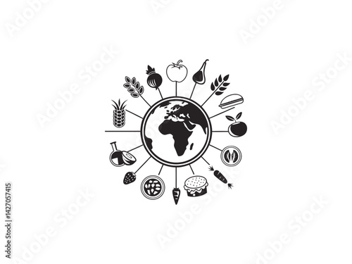 Global Food Diversity Depicted on a World Map, World food day,  A black and white graphic of the Earth surrounded by various fruits, vegetables, and grains, representing global food diversity.