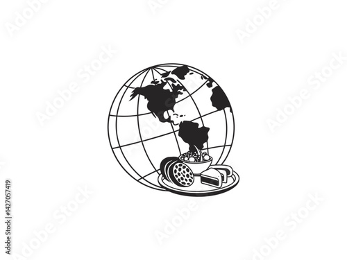 World Food Day Global Celebration Icon, Simple black and white line art icon of a globe with the text "WORLD FOOD DAY" and a plate of food underneath. Food day,.