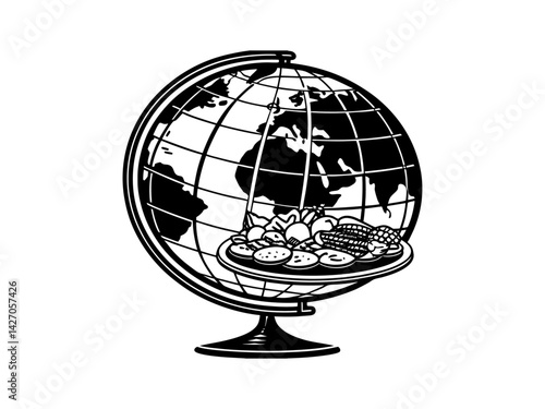 Global Food, A World of Culinary Delights, International food day, A stylized illustration of a globe with a plate of various foods, suggesting global cuisine and international food experiences.