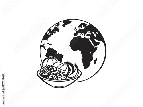 Global Food, A World of Culinary Delights, International food day, A stylized illustration of a globe with a plate of various foods, suggesting global cuisine and international food experiences.