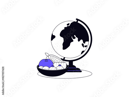 Global Food, A World of Culinary Delights, International food day, A stylized illustration of a globe with a plate of various foods, suggesting global cuisine and international food experiences.