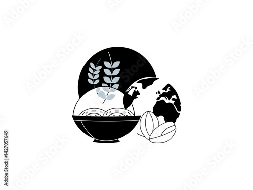 Global Food, A World of Culinary Delights, International food day, A stylized illustration of a globe with a plate of various foods, suggesting global cuisine and international food experiences.