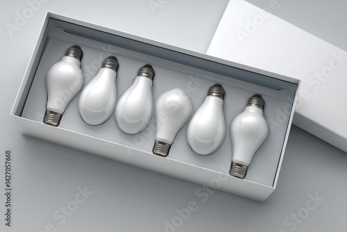 A clean, minimalist studio shot of six white light bulbs arranged neatly in a box, creating a modern and simple composition, perfect for various design and creative concepts.