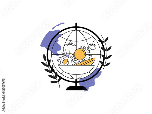 World Food Day Global Celebration Icon, Simple black and white line art icon of a globe with the text "WORLD FOOD DAY" and a plate of food underneath. Food day,.