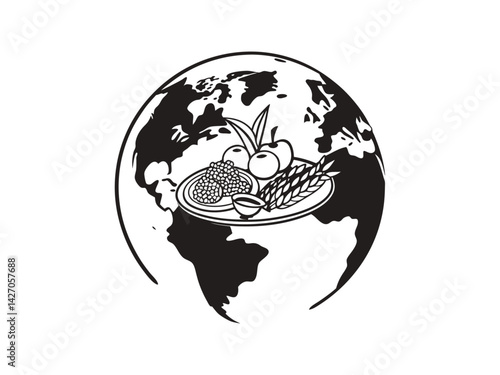 Global Food, A World of Culinary Delights, International food day, A stylized illustration of a globe with a plate of various foods, suggesting global cuisine and international food experiences.