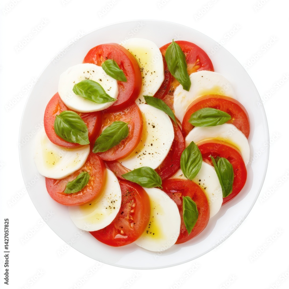 Caprese salad with fresh mozzarella, tomatoes and basil drizzled with olive oil on white plate Caprese salad with fresh mozzarella, tomatoes and basil drizzled with olive oil on white plate