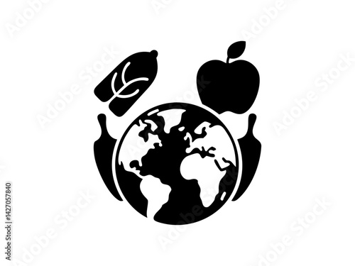 Global Food, A World of Culinary Delights, International food day, A stylized illustration of a globe with a plate of various foods, suggesting global cuisine and international food experiences.