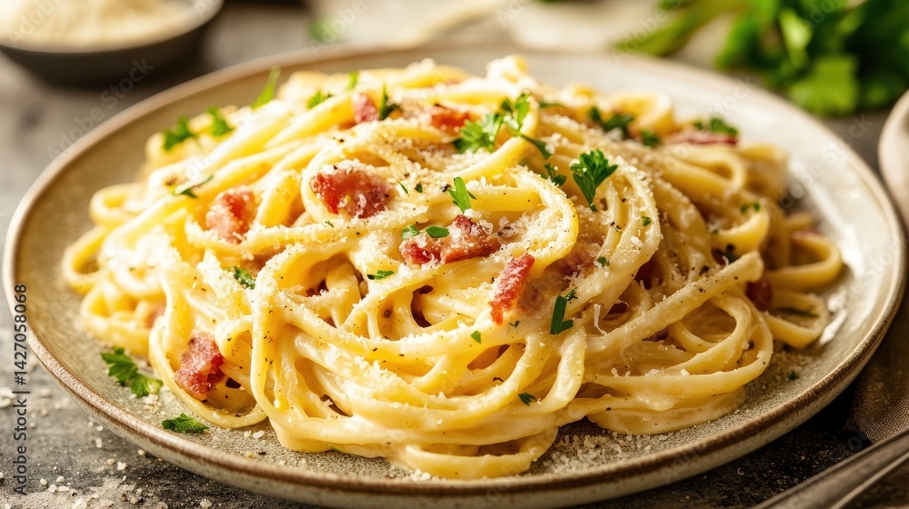 Delicious plate of pasta with sauce and toppings ready for eating Delicious plate of pasta with sauce and toppings ready for eating