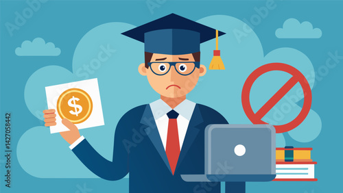 A financial advisor claiming to have a guaranteed plan for eliminating student loan debt but in reality it is a scam.. Vector illustration