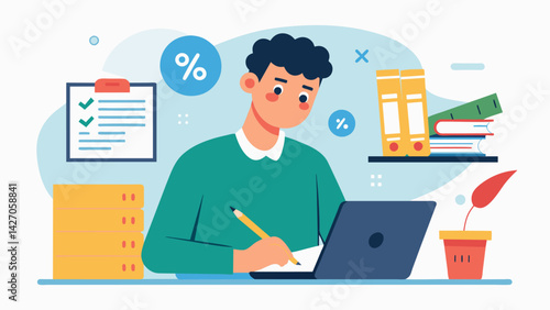 A student eagerly takes notes in a personal finance class learning about the various tax benefits of student loans including the valuable interest. Vector illustration