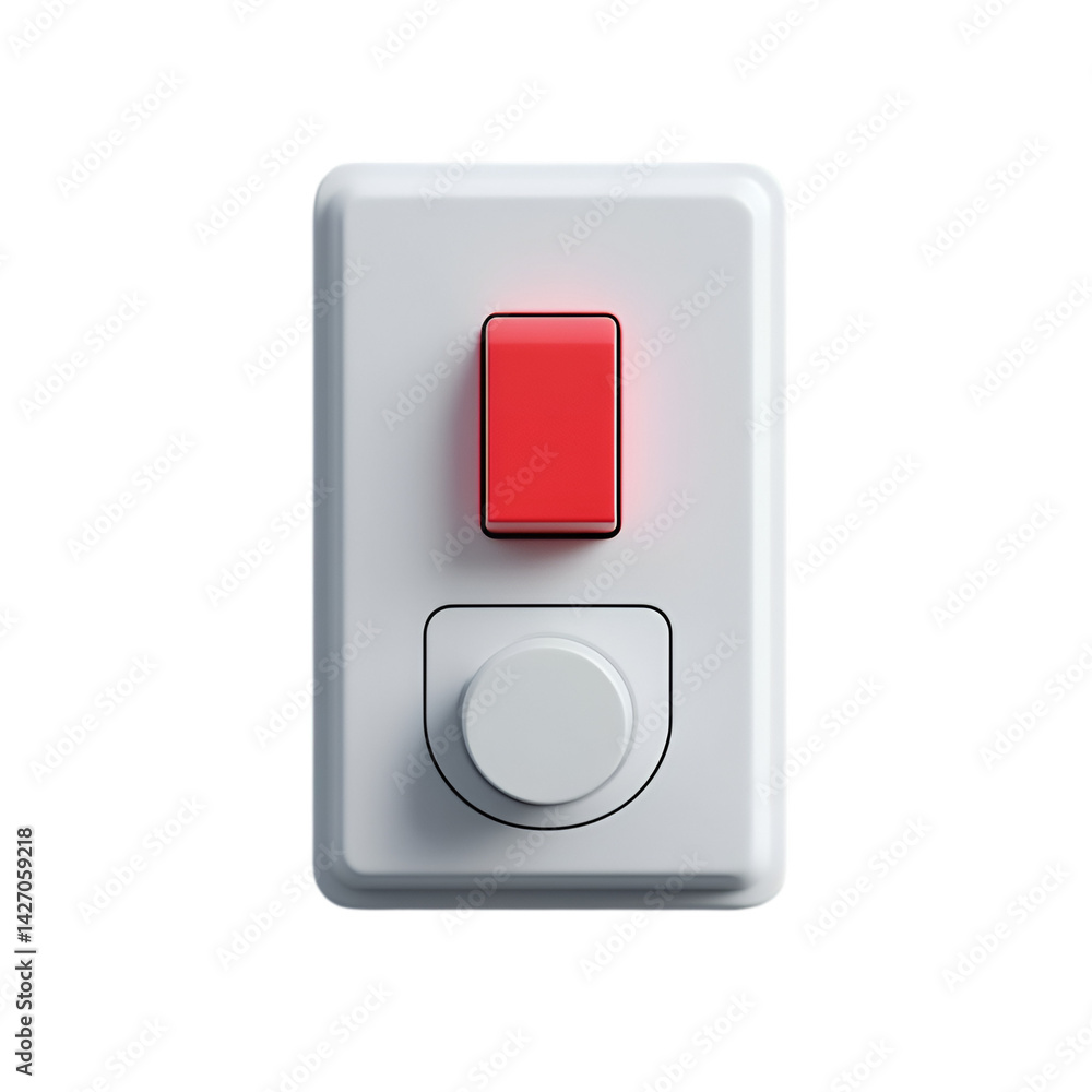 Red button and white knob on white switch plate Red button and white knob on white switch plate