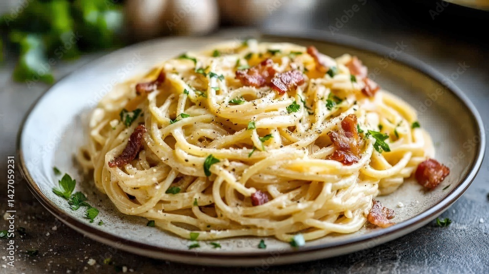 A delicious plate of creamy pasta with bacon and parsley A delicious plate of creamy pasta with bacon and parsley
