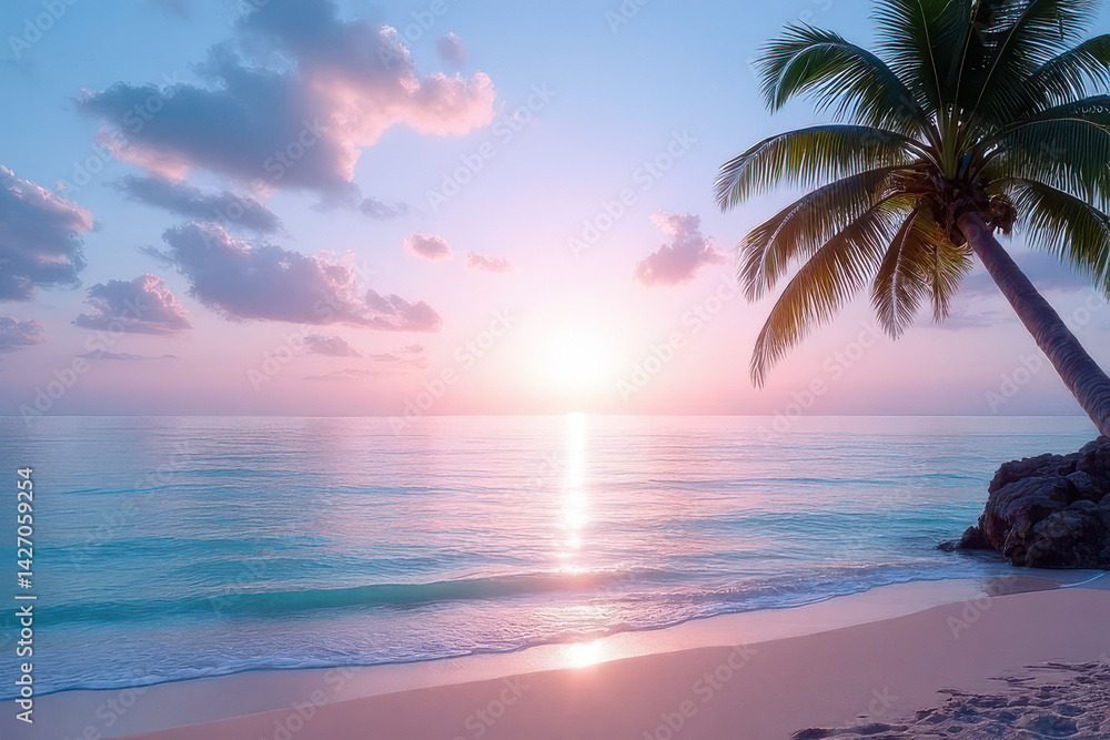 Obraz premium Stunning Sunset Beach Scene: Soft Blue Lilac Skies, Turquoise Water, Swaying Palm Silhouettes