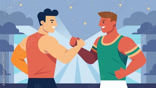 In a show of sportsmanship the arm wrestling competitors shake hands before and after each match in the championship.. Vector illustration
