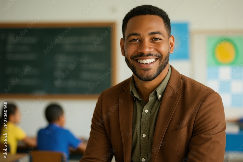 Obraz premium Smiling teacher in classroom setting.