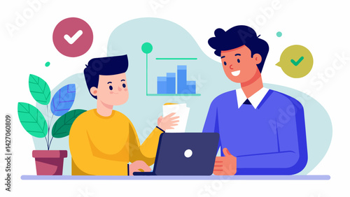A young man consults with a financial advisor seeking guidance and advice on how to make the smartest decision when it comes to choosing a loan offer.. Vector illustration