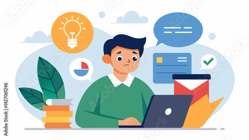 A student stares anxiously at their credit score knowing it will determine their eligibility for a loan.. Vector illustration