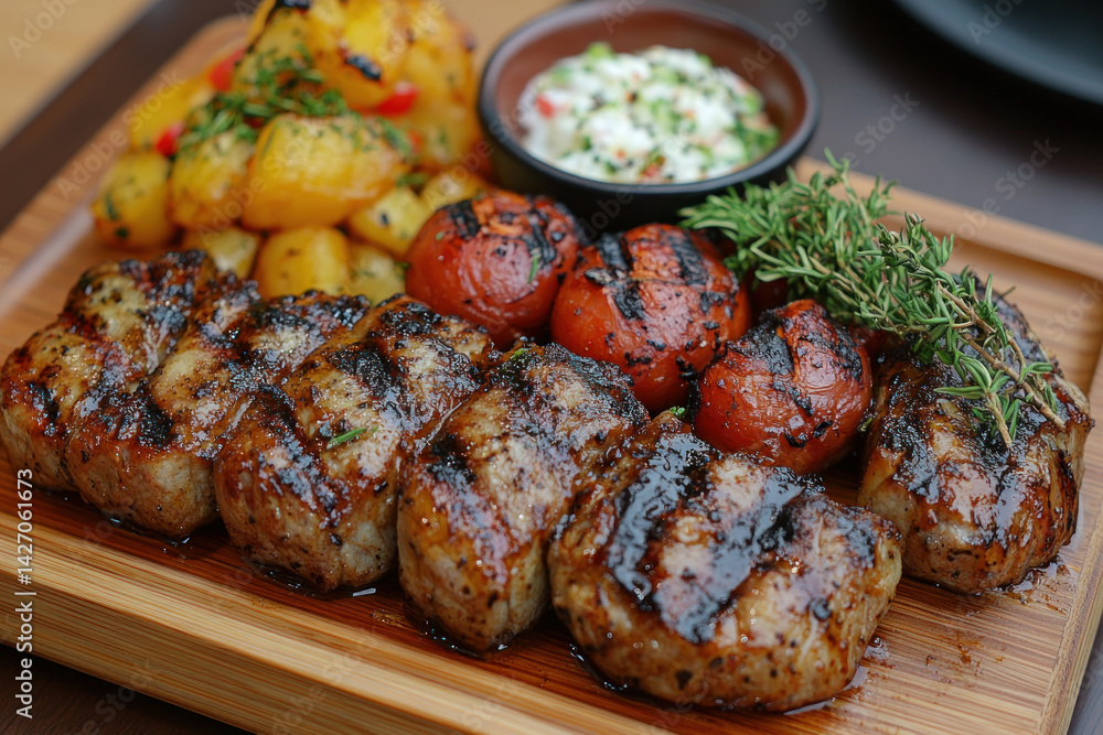 A mouthwatering image of a platter of juicy grilled meat served on a wooden board.