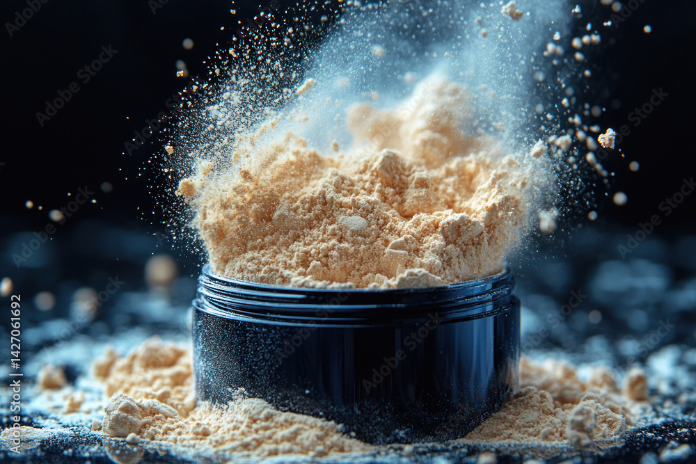 A dynamic scene of protein powder pouring out of a black plastic jar. The powder is lifted into the air, creating a dramatic cloud of dust in slow motion against a dark background,
