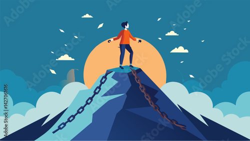A person stands atop a mountain breaking chains with each step representing their strength and determination to overcome emotional challenges.. Vector illustration