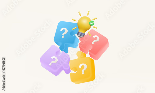 Brainstorming teamwork Development innovation new idea Jigsaw puzzle pieces with question mark partnership light bulb education learning successful business consulting. 3d vector illustration