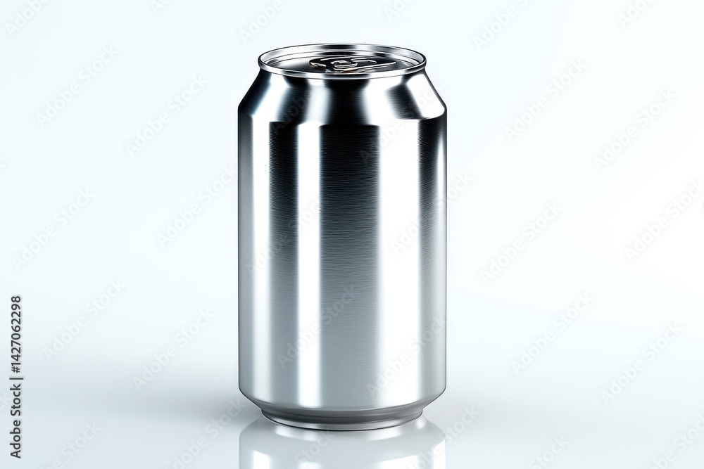 A sleek and modern close-up of a silver aluminum can on a reflective surface, showcasing its smooth texture and minimalist design against a bright, clean backdrop. A sleek and modern close-up of a silver aluminum can on a reflective surface, showcasing its smooth texture and minimalist design against a bright, clean backdrop.
