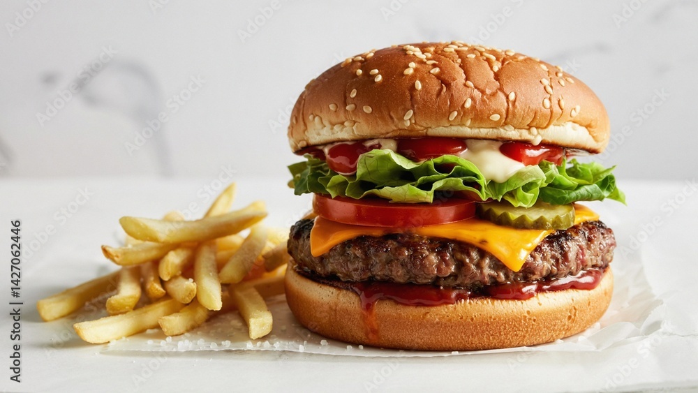 Extreme close-up of tasty burger isolated on white background, with french fries and meat. Extreme close-up of tasty burger isolated on white background, with french fries and meat.