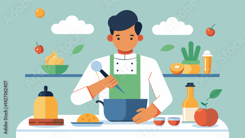 Being present in the moment while chopping stirring and tasting each ingredient.. Vector illustration