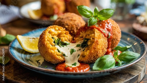 Extreme close-up of golden, deep-fried risotto arancini with basil and marinara, elegantly plated.