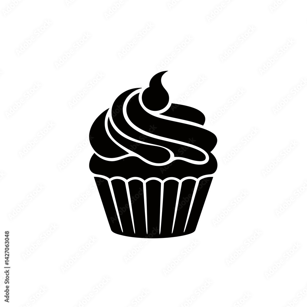 A black silhouette of a cupcake with a spiral frosting design sits against A black silhouette of a cupcake with a spiral frosting design sits against