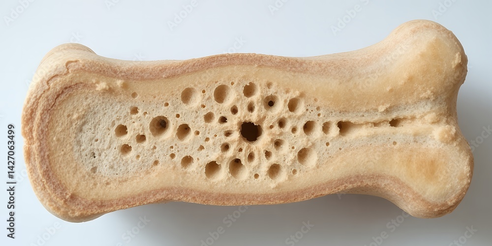 A cross section of a dog bone showing the porous interior structure on a white background A cross section of a dog bone showing the porous interior structure on a white background