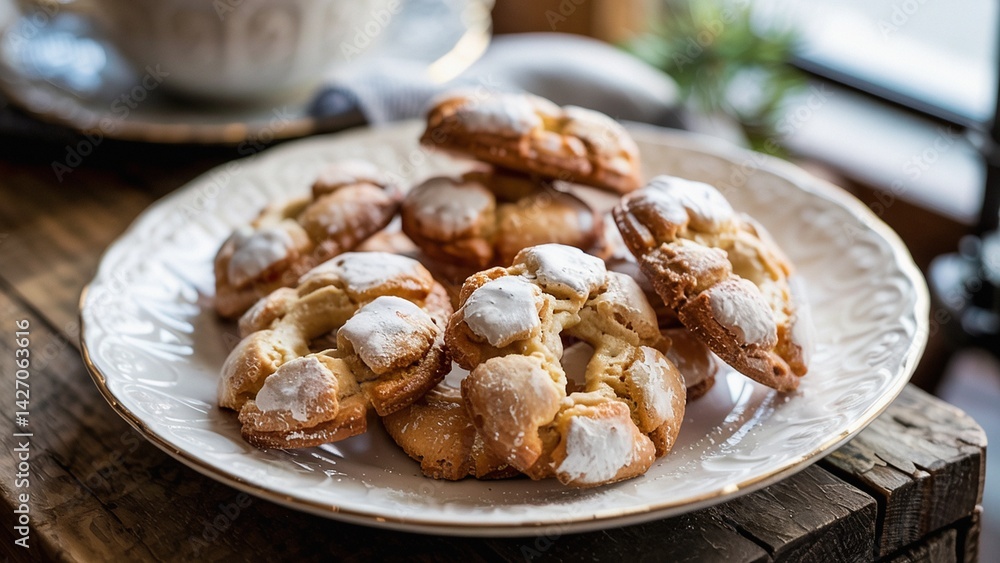 Extreme close-up of crisp almond cookies dusted with powdered sugar, presented on a delicate porcelain dish. Extreme close-up of crisp almond cookies dusted with powdered sugar, presented on a delicate porcelain dish.