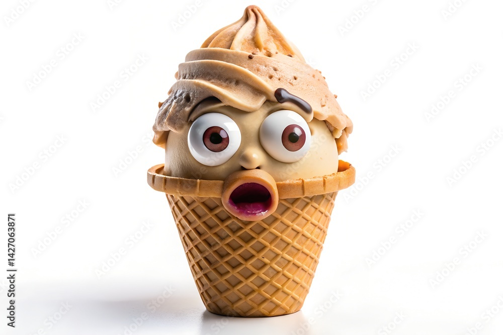 Melting Ice Cream Cone with Surprised Cartoon Face on White Background
