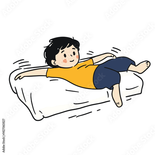 Happy boy stretching on bed in casual clothes vector illustration