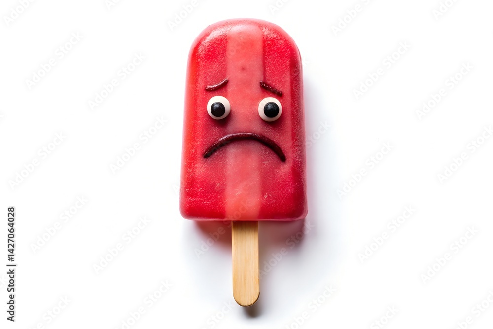 Melting Cartoon Popsicle with Sad Expression on White Background