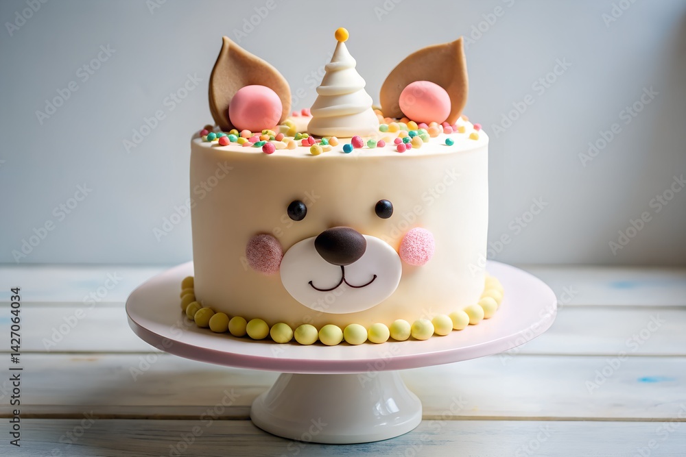 Cute Animal-Themed Birthday Cake with Cartoon Ears and Nose on White Background