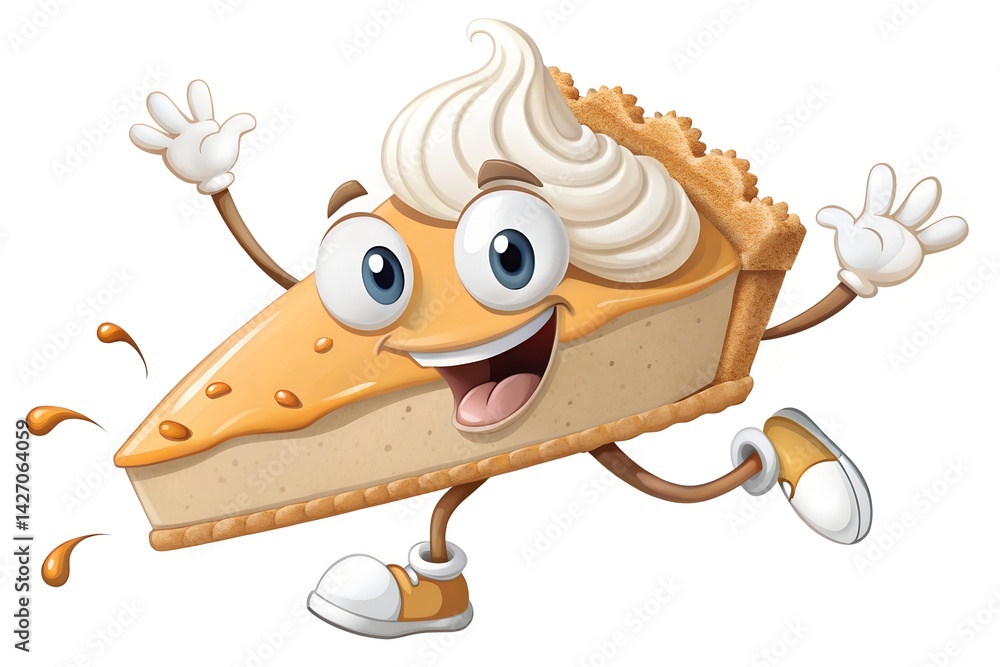 Jumping Pie Slice Cartoon with Whipped Cream Splash on White