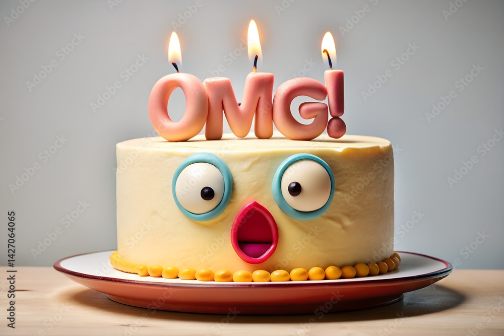 Cartoon Cake with OMG Expression and Oversized Candle on White Background