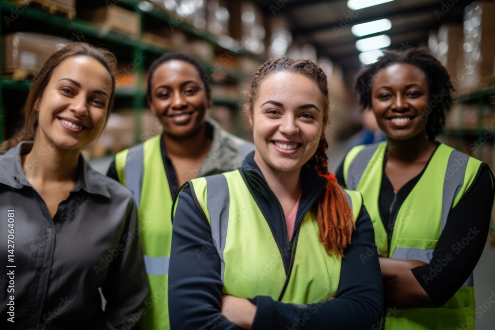 Smiling portrait of a diverse group of female warehouse workers and managers working in a warehouse Smiling portrait of a diverse group of female warehouse workers and managers working in a warehouse