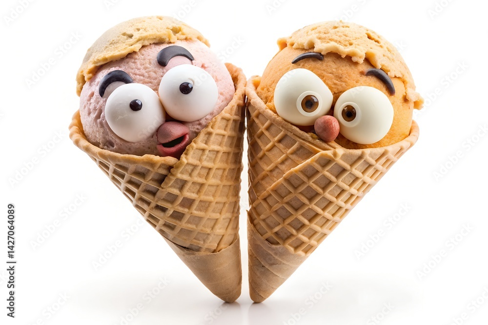 Goofy Waffle Cone with Funny Mismatched Ice Cream Scoops and Crossed Eyes