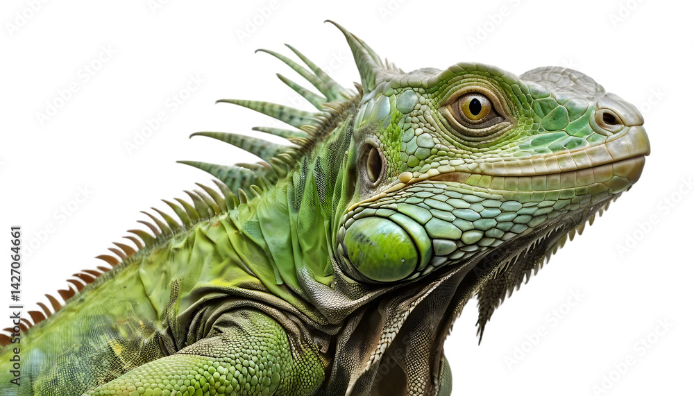 Close up portrait of a green iguana reptile with spiky scales on a black background detailed animal photo image png on transparent background Close up portrait of a green iguana reptile with spiky scales on a black background detailed animal photo image png on transparent background