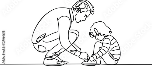 vector line art image of a dad helping his child tie shoelaces, symbolizing teaching and patience, useful for education, growth, parental support themes